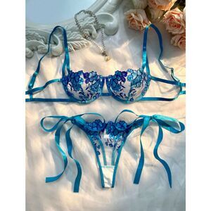 Sky Blue Floral Embroidered Straps 2 piece Lingerie Set